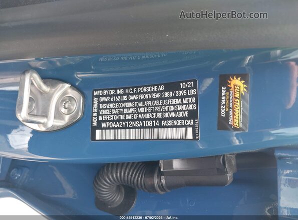 WP0AA2Y12NSA10814 2022 PORSCHE TAYCAN Blue Вид підкапотного простору