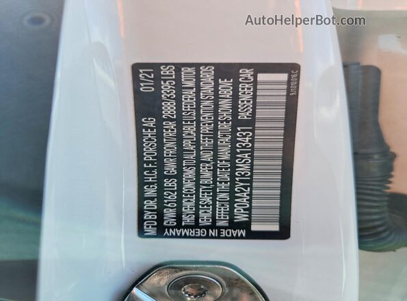 WP0AA2Y13MSA13431 2021 PORSCHE TAYCAN White Widok naklejki z numerem VIN