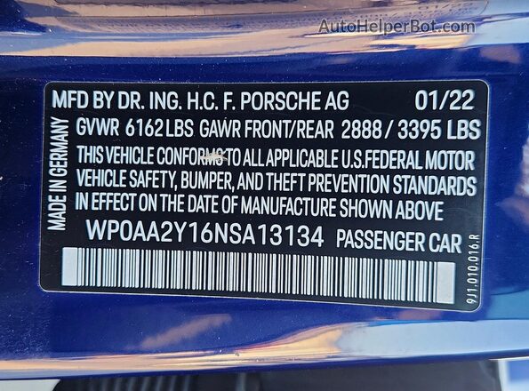 WP0AA2Y16NSA13134 2022 PORSCHE TAYCAN Blue ძრავის განყოფილების ხედი