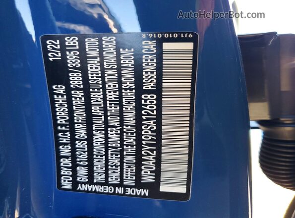 WP0AA2Y19PSA12658 2023 PORSCHE TAYCAN Blue VIN sticker view