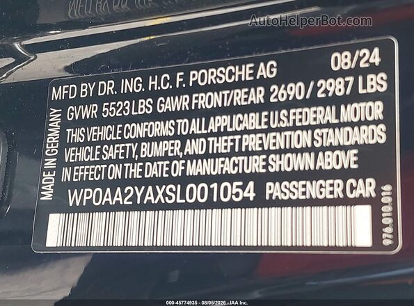 WP0AA2YAXSL001054 2025 PORSCHE PANAMERA Black Engine compartment view