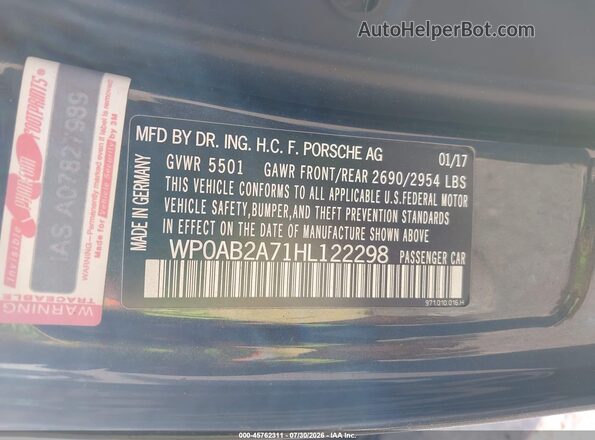 WP0AB2A71HL122298 2017 PORSCHE PANAMERA Black Շարժիչի բաժամունքի տեսք