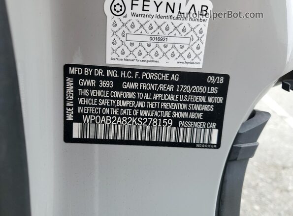 WP0AB2A82KS278159 2019 PORSCHE CAYMAN Gray Vista de la etiqueta del VIN