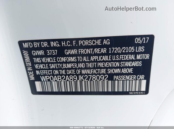 WP0AB2A89JK278092 2018 PORSCHE CAYMAN White ძრავის განყოფილების ხედი