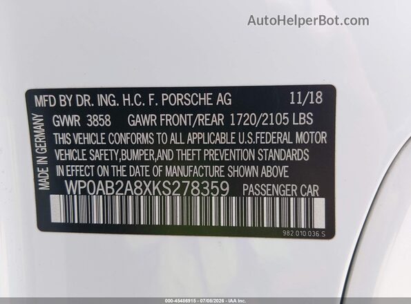 WP0AB2A8XKS278359 2019 PORSCHE CAYMAN White Widok komory silnika