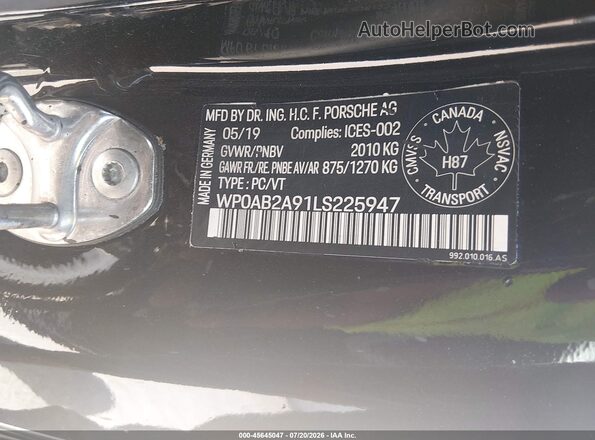 WP0AB2A91LS225947 2020 PORSCHE 911 Black ძრავის განყოფილების ხედი