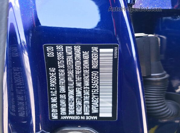 WP0AB2Y15LSA50590 2020 PORSCHE TAYCAN Синий Вид наклейки с VIN-кодом