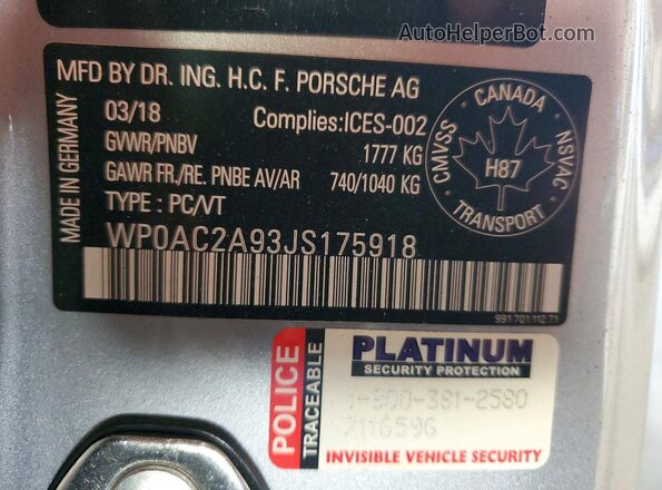 WP0AC2A93JS175918 2018 PORSCHE 911 Silver ძრავის განყოფილების ხედი