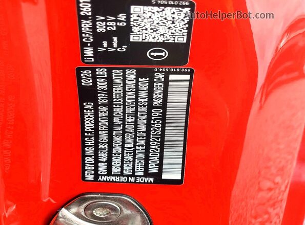 WP0AD2A92TS265190 2026 PORSCHE 911 Red Вид наклейки з VIN-кодом