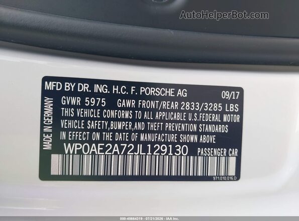 WP0AE2A72JL129130 2018 PORSCHE PANAMERA White Вид підкапотного простору