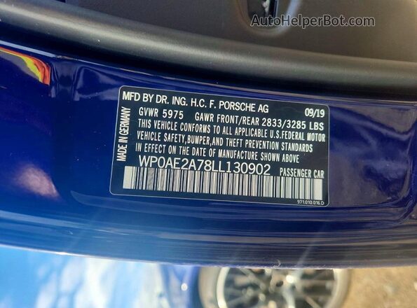 WP0AE2A78LL130902 2020 PORSCHE PANAMERA Blue Vista del compartimento del motor