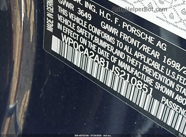 WP0CA2A81JS210851 2018 PORSCHE BOXSTER Черный Вид подкапотного пространства