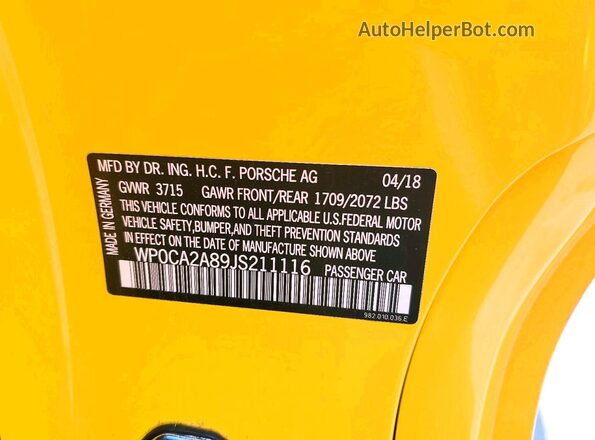 WP0CA2A89JS211116 2018 PORSCHE BOXSTER Желтый Вид подкапотного пространства
