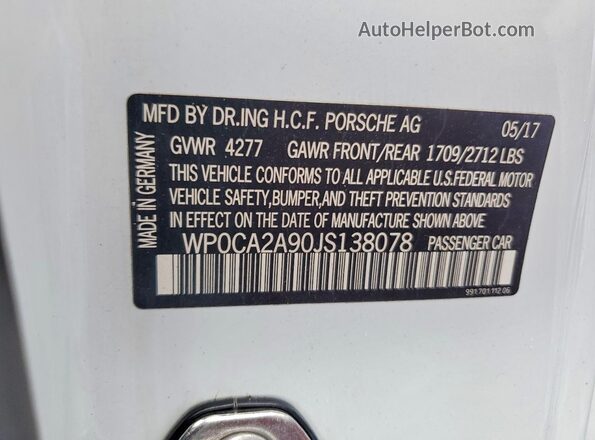 WP0CA2A90JS138078 2018 PORSCHE 911 White VIN sticker view