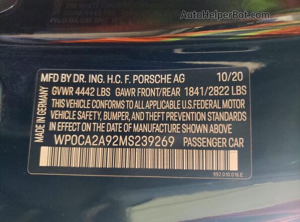 WP0CA2A92MS239269 2021 PORSCHE 911 Black ძრავის განყოფილების ხედი