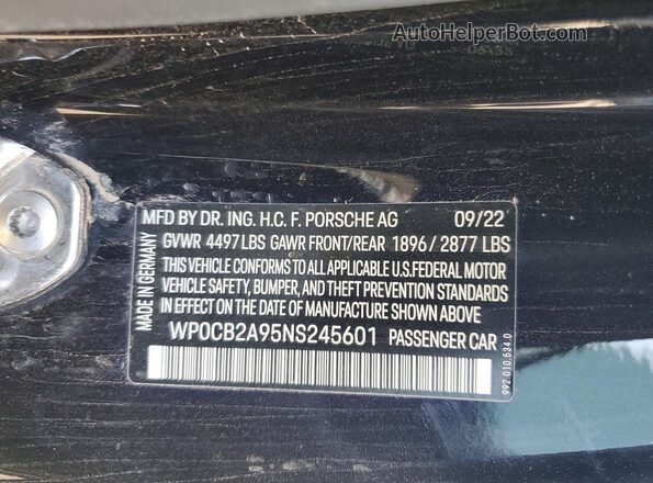 WP0CB2A95NS245601 2022 PORSCHE 911 Black Вид наклейки з VIN-кодом