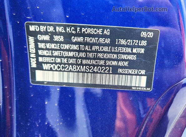 WP0CC2A8XMS240221 2021 PORSCHE BOXSTER Blue Widok naklejki z numerem VIN