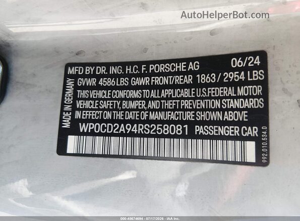 WP0CD2A94RS258081 2024 PORSCHE 911 Gray Вид підкапотного простору