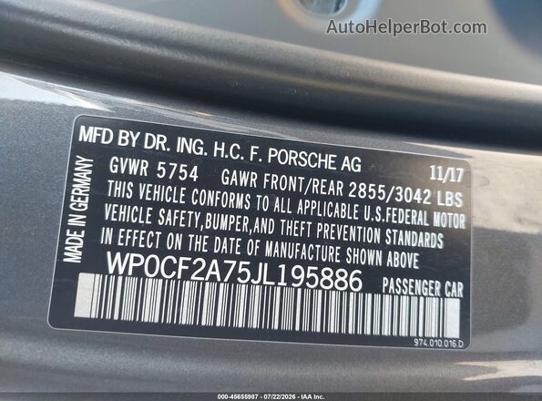 WP0CF2A75JL195886 2018 PORSCHE PANAMERA Gray Вид підкапотного простору