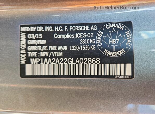 WP1AA2A22GLA02868 2016 PORSCHE CAYENNE Gray Вид наклейки з VIN-кодом