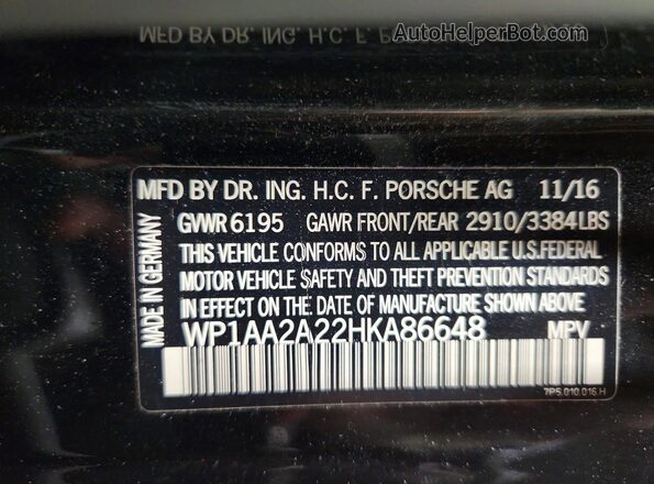 WP1AA2A22HKA86648 2017 PORSCHE CAYENNE Black VIN კოდის სტიკერის ხედი