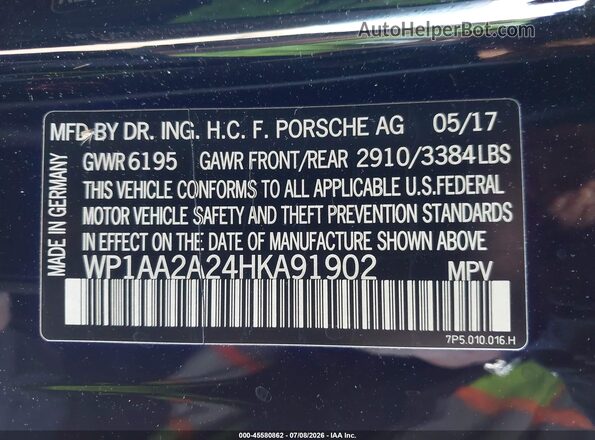 WP1AA2A24HKA91902 2017 PORSCHE CAYENNE Black Շարժիչի բաժամունքի տեսք