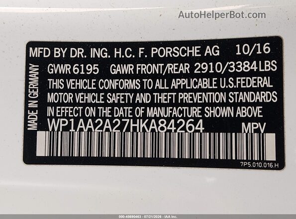 WP1AA2A27HKA84264 2017 PORSCHE CAYENNE White Engine compartment view