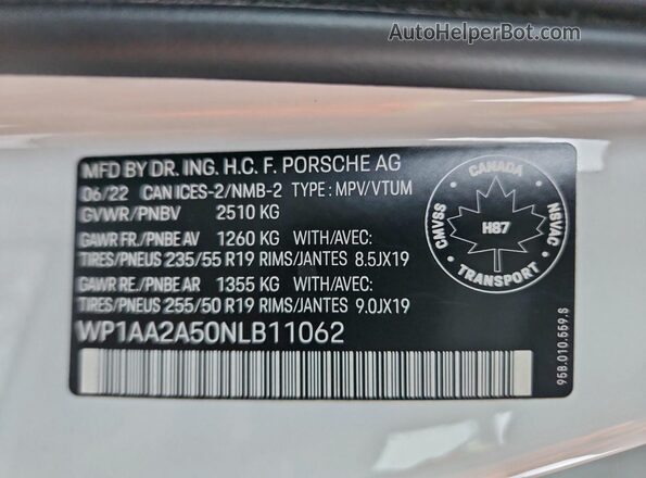 WP1AA2A50NLB11062 2022 PORSCHE MACAN Белый Вид наклейки с VIN-кодом