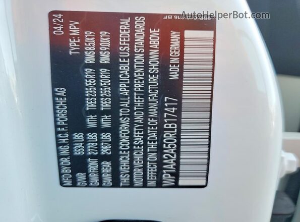 WP1AA2A50RLB17417 2024 PORSCHE MACAN White Widok naklejki z numerem VIN