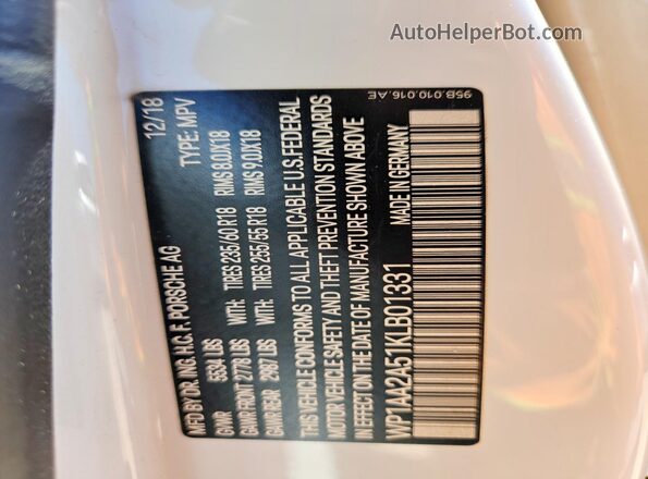 WP1AA2A51KLB01331 2019 PORSCHE MACAN White Widok naklejki z numerem VIN