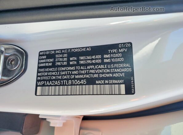 WP1AA2A51TLB10645 2026 PORSCHE MACAN White Vista interior de 360 grados