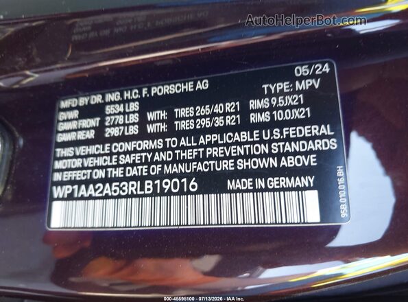 WP1AA2A53RLB19016 2024 PORSCHE MACAN Черный Вид подкапотного пространства