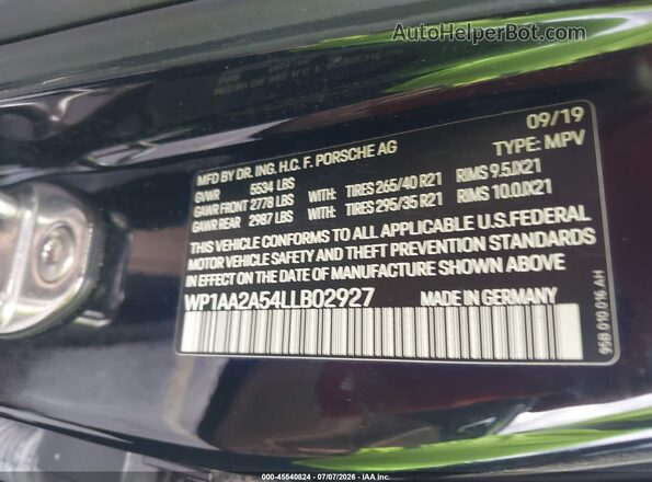 WP1AA2A54LLB02927 2020 PORSCHE MACAN Black Widok komory silnika
