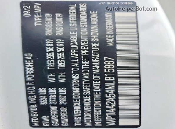 WP1AA2A54MLB15887 2021 PORSCHE MACAN White Вид наклейки з VIN-кодом