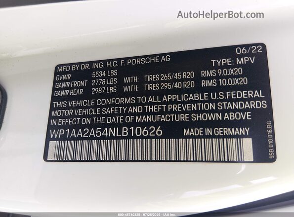 WP1AA2A54NLB10626 2022 PORSCHE MACAN Белый Вид подкапотного пространства