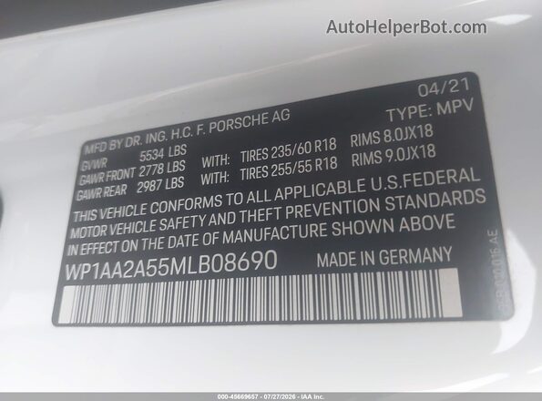 WP1AA2A55MLB08690 2021 PORSCHE MACAN White Вид підкапотного простору