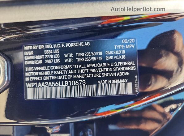 WP1AA2A56LLB10673 2020 PORSCHE MACAN Черный Вид наклейки с VIN-кодом