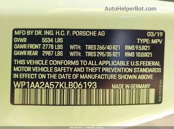 WP1AA2A57KLB06193 2019 PORSCHE MACAN White Вид підкапотного простору