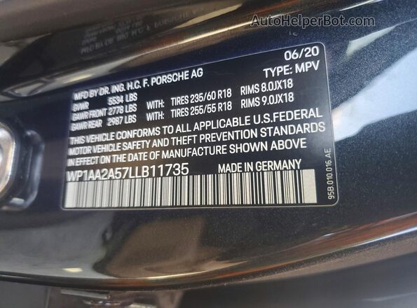 WP1AA2A57LLB11735 2020 PORSCHE MACAN Угольный Панорамный вид салона 360°