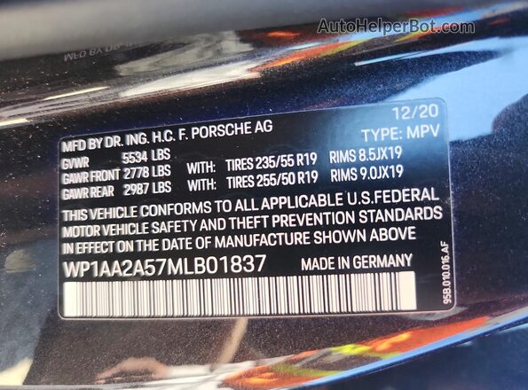 WP1AA2A57MLB01837 2021 PORSCHE MACAN Black 360 interior view