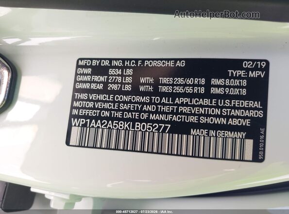 WP1AA2A58KLB05277 2019 PORSCHE MACAN White Widok komory silnika