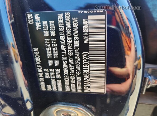 WP1AA2A58LLB07970 2020 PORSCHE MACAN Blue Widok naklejki z numerem VIN