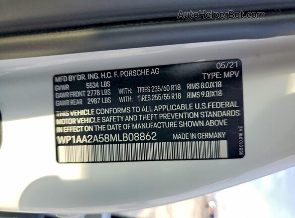 WP1AA2A58MLB08862 2021 PORSCHE MACAN Белый Вид наклейки с VIN-кодом