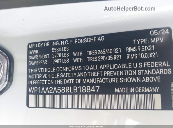WP1AA2A58RLB18847 2024 PORSCHE MACAN White Շարժիչի բաժամունքի տեսք