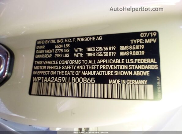 WP1AA2A59LLB00865 2020 PORSCHE MACAN White Շարժիչի բաժամունքի տեսք