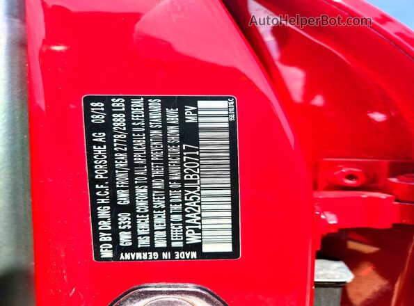 WP1AA2A5XJLB20717 2018 PORSCHE MACAN Red Vista de la etiqueta del VIN