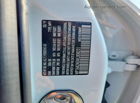 WP1AA2A5XKLB08231 2019 PORSCHE MACAN White VIN კოდის სტიკერის ხედი
