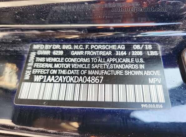 WP1AA2AY0KDA04867 2019 PORSCHE CAYENNE Charcoal VIN sticker view