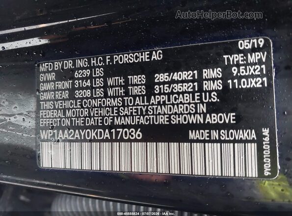 WP1AA2AY0KDA17036 2019 PORSCHE CAYENNE Black Вид підкапотного простору