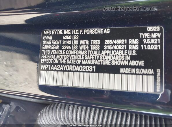 WP1AA2AY0RDA02031 2024 PORSCHE CAYENNE Blue Շարժիչի բաժամունքի տեսք